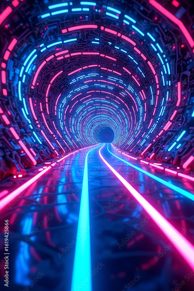 Aufkleber futuristic tunnel with glowing neon lights creating a vibrant and dynamic perspective.