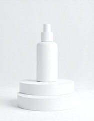 Minimalist white bottle mockup on a two-tier platform, Clean cosmetic product presentation on an all-white display