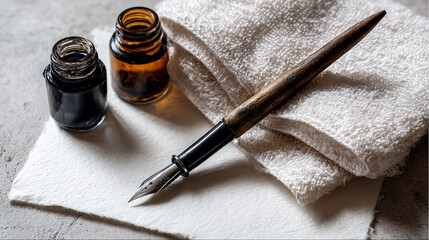 Flat lay of a calligrapher's toolkit: ink bottle, dip pen, paper, and towel on cream parchment background. stock image, 