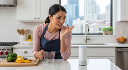 Cheerful woman using voice assistant while cooking a healthy meal in a bright, modern kitchen