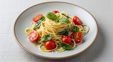 Delicious spaghetti with fresh cherry tomatoes and basil, a vibrant and appetizing culinary delight
