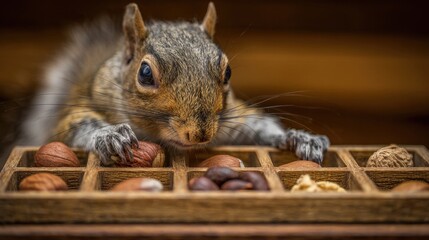 A squirrel curiously examines various nuts in a wooden tray.