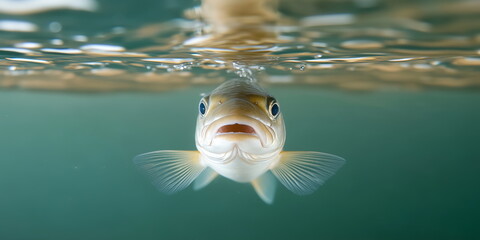 A young trout-like fish shot from the very front. close up, shallow depth of field.