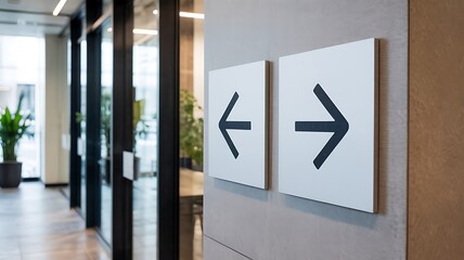 Modern office hallway with clear directional signs pointing left and right indicating navigation and choice
