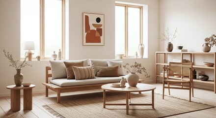 Relaxing interior with neutral colors creating a calming and inviting atmosphere for modern living spaces