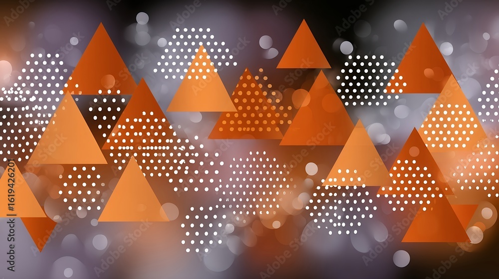 Poster abstract geometric background with orange triangles and bokeh lights