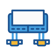 Stylized blue electronic display icon with stand on black background