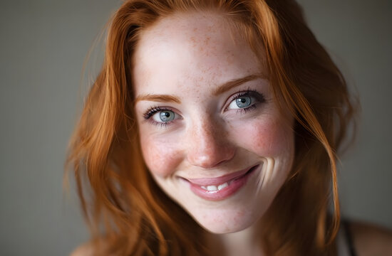 A woman with red hair and blue eyes smiling directly at the camera