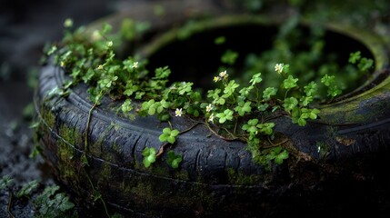 A tire overgrown with vibrant green plants and tiny white flowers.