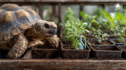 A tortoise exploring a garden filled with lush green plants.