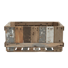 rural crate isolated on white background, wide view high detail wooden texture, realistic aged wood planks with nails, farm storage container cut out for transparent background PNG