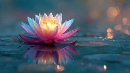 A vibrant lotus flower blooming serenely on calm water.