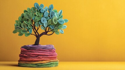 A vibrant paper tree stands on colorful layers of paper.