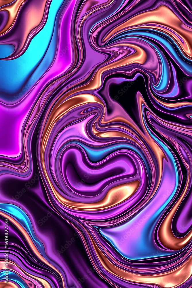 Poster abstract fluid art with swirling vibrant colors of purple, blue, and gold, creating a dynamic and me