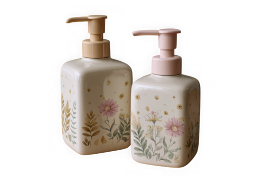 Two decorative ceramic lotion dispenser bottles with pump tops isolated on transparent background