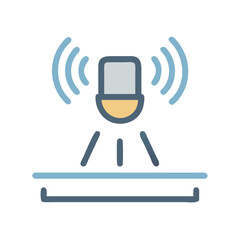 Stylized microphone emitting sound waves on a solid background