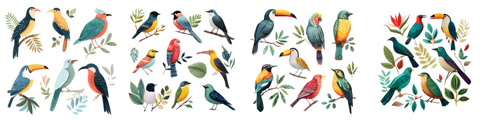 Obraz premium Watercolor Bird Collection. Tropical Bird Illustrations Set on White Background.