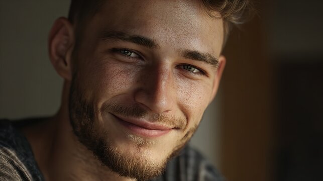 A gentle smile from a young man radiating warmth and vulnerability in a moment of quiet reflection captured with soft