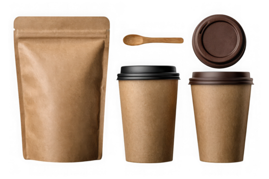 Set of brown paper coffee cups with lids and a resealable pouch isolated on transparent background - Powered by Adobe