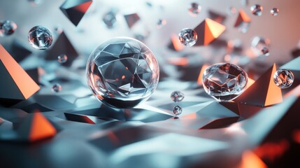 Abstract geometric composition of glossy crystal spheres and pyramids in vibrant colors.