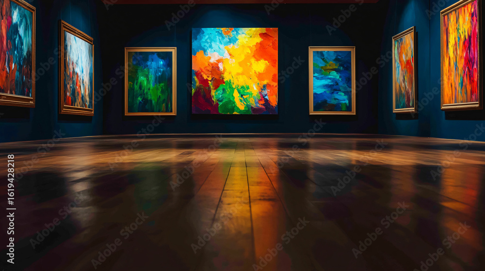 Poster a room adorned with various artistic paintings on the walls creating a vibrant visual experience