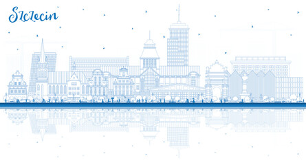 Outline Szczecin Poland city skyline with blue buildings and reflections. Szczecin cityscape with landmarks. Business travel and tourism concept with modern and historic architecture. © BooblGum