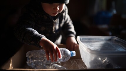 Child engaging in environmental awareness through recycling activities.