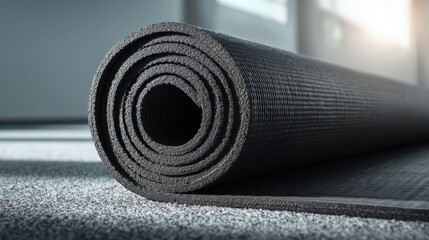 Close-up of a rolled black yoga mat on a floor indoors.