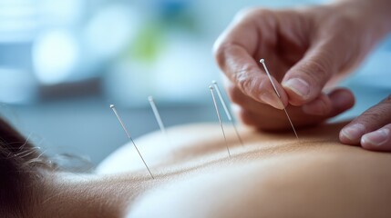 Close-up of acupuncture treatment, focusing on needle placement.
