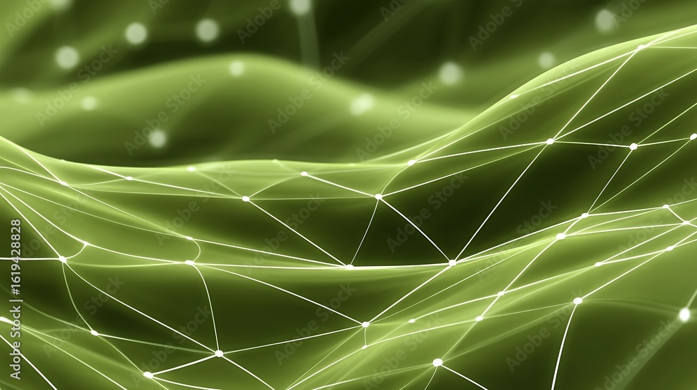 Poster abstract green network background with glowing lines and points