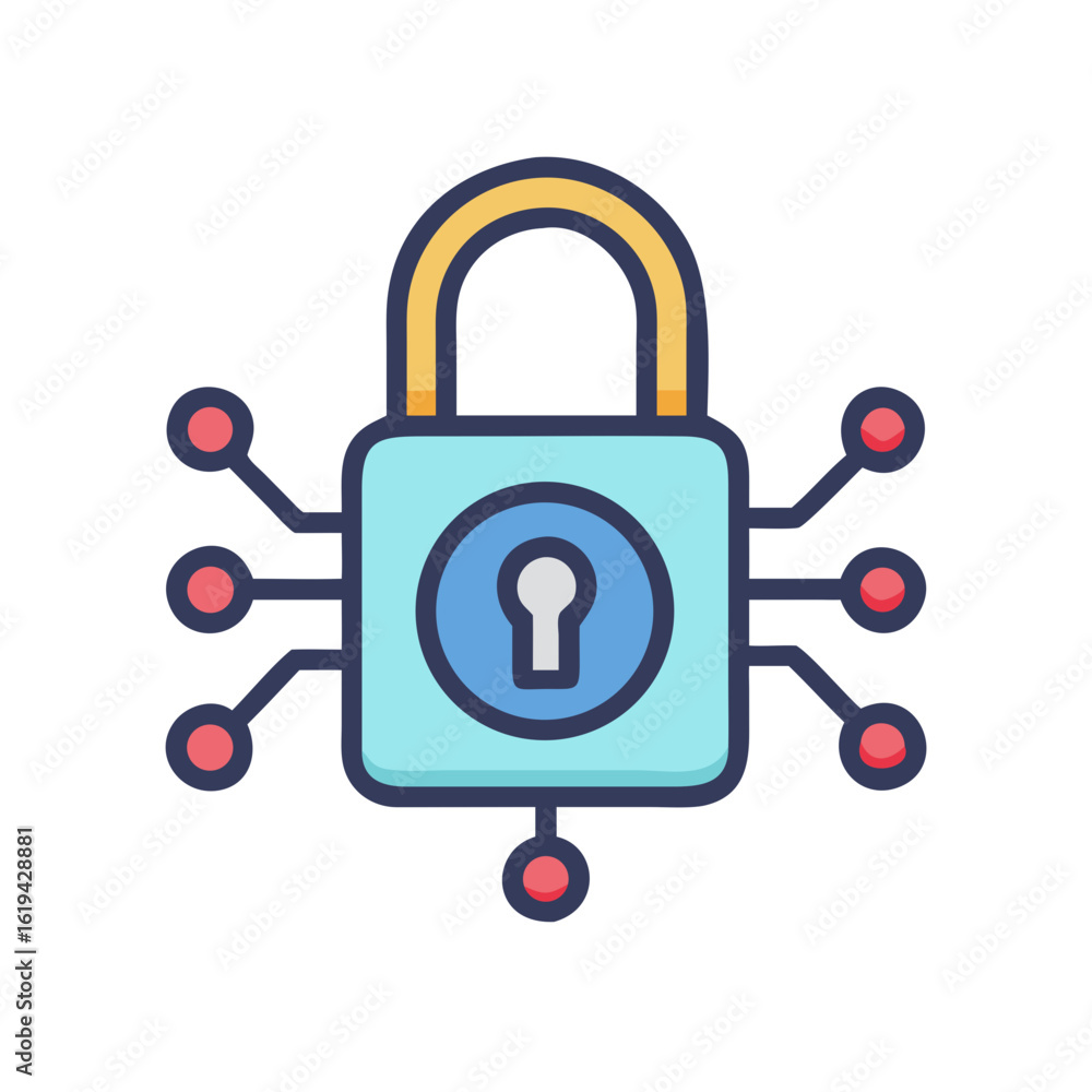 Aufkleber digital security: a padlock connected to network nodes icon