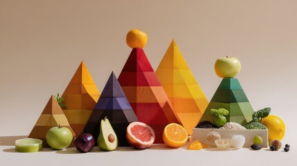 Colorful fruit pyramids displayed in geometric arrangements.