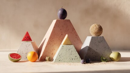 Colorful geometric food shapes arranged artistically on a surface.