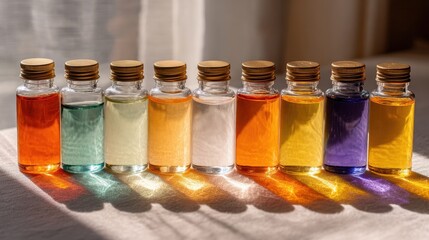 Colorful jars filled with various spices and powders in sunlight.