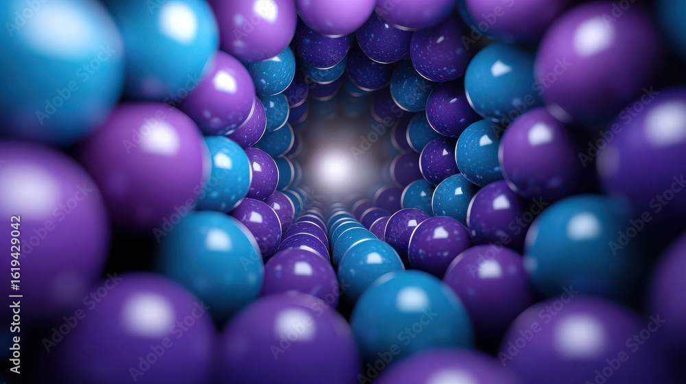 Poster abstract tunnel of glossy blue and purple spheres creating a mesmerizing visual effect for backgroun