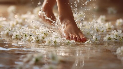 Bare feet playfully splash through water and flowers outdoors.