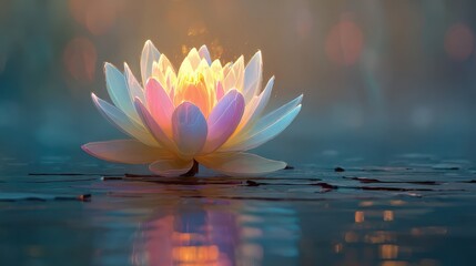 Beautiful lotus flower blooming on calm water surface in sunlight.