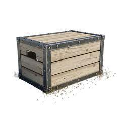 rural crate isolated on white background, wide view high detail wooden texture, realistic aged wood planks with nails, farm storage container cut out for transparent background PNG