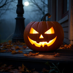 Fototapeta premium Spooky jack o lantern glowing on a dark autumn night