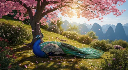 Colorful Peacock Under Blossoming Cherry Tree
