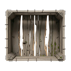 rural crate isolated on white background, wide view high detail wooden texture, realistic aged wood planks with nails, farm storage container cut out for transparent background PNG