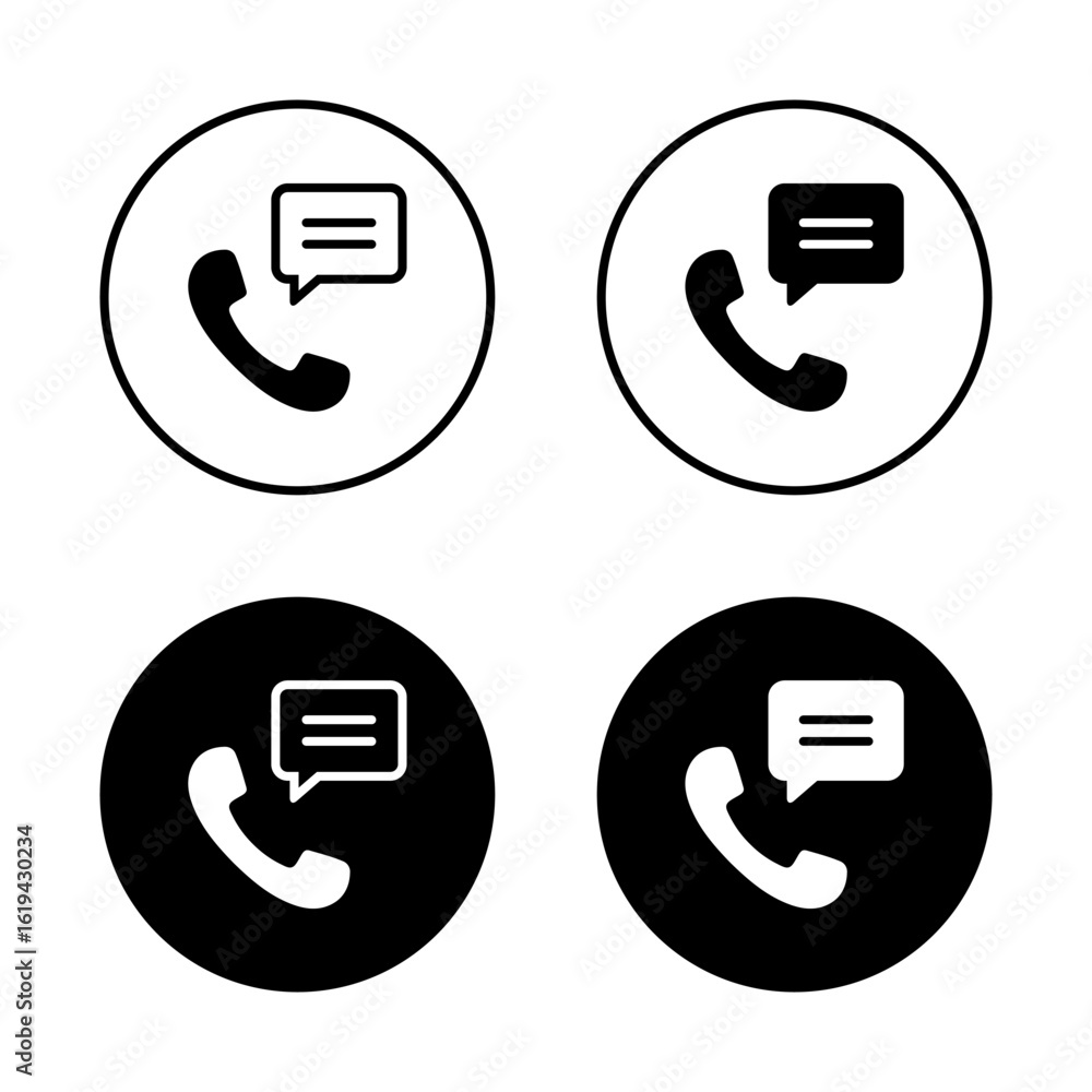 Poster call and speech bubble icon in black circle. talk symbol with phone and chat. support hotline concep