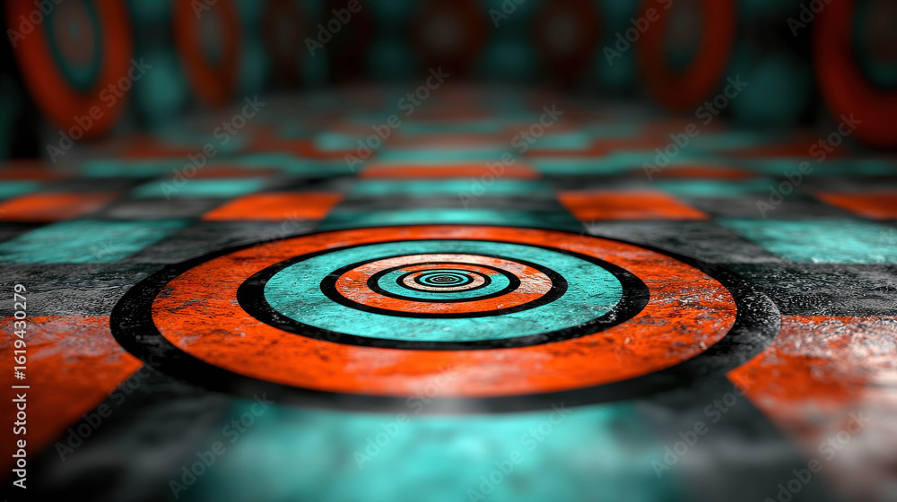 Poster abstract geometric pattern with vibrant colors showcasing concentric circles and checkered floor des