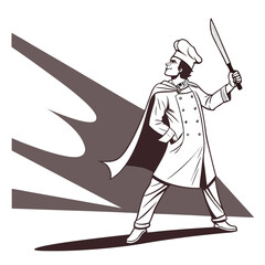 Superhero chef holding a knife with a dramatic cape and shadow