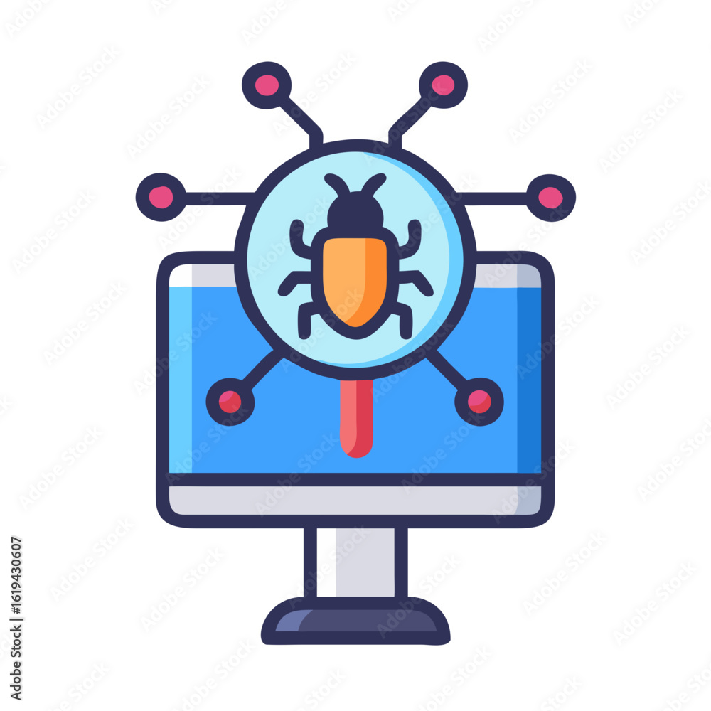 Aufkleber computer malware bug icon with connections on black background