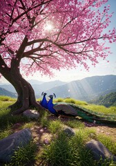 Two Peacocks Resting Under Pink Cherry Blossom Tree