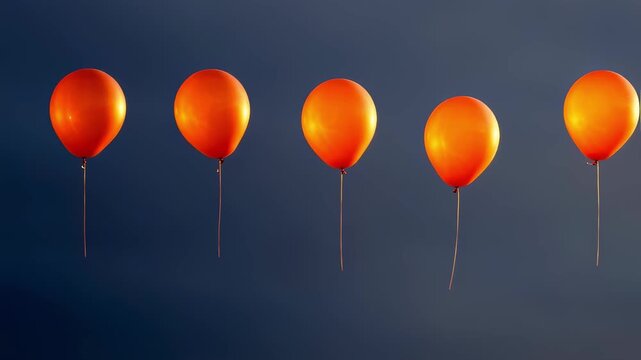 Five glossy orange balloons suspended in a serene dark gradient landscape illustrating the elegance of simplicity in event d&Atilde;&fnof;&Acirc;&copy;cor perfect for stylish gatherings and modern celebrations.