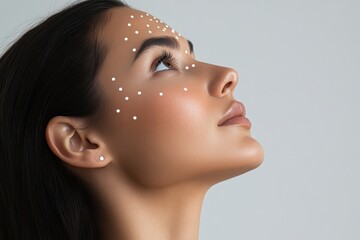Beautiful woman with white dots on face looks up, side view. Perfect for beauty concepts, treatments, or skin care advertising.