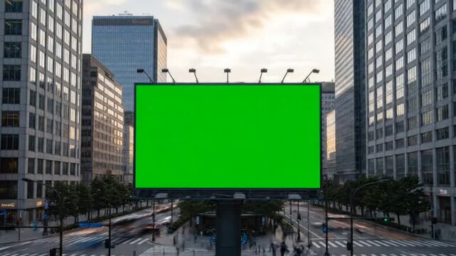 Blank Billboard in City Street with Green Screen Timelapse