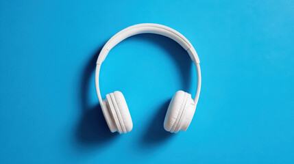 White wireless headphones on vibrant blue background ideal for music streaming podcast audio tech gadget or modern minimalist concept